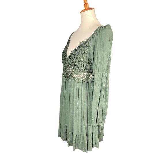 Francesca Mi Ami Mini Dress Size L Green Crotchet Tiered Ruffled Boho Peasant - Picture 10 of 13
